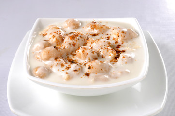 Dahi Bhallay, A yogurt base deleciuos street snack available with plain spicy, mix chat, papri, meethe & chana chaat 