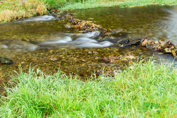 Autumn landscape with mountain river flowing among mossy stones through the colorful forest. Silky smooth stream of clear water.