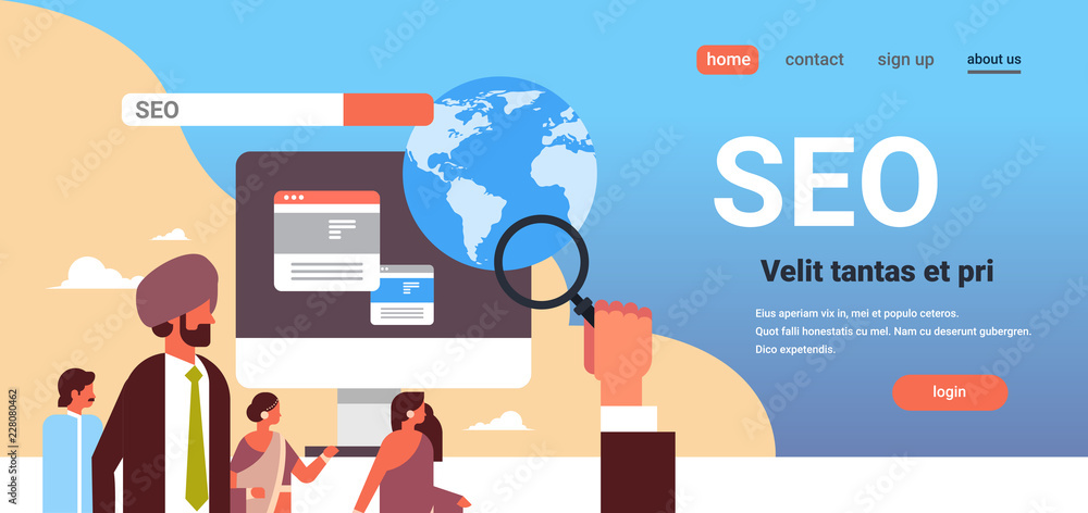 Poster indian couple monitoring using magnifier seo search engine optimization global internet searching co