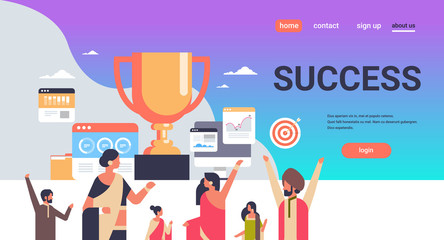 successful indian people group holding winner cup trophy first place number one concept teamwork strategy success flat horizontal copy space vector illustration