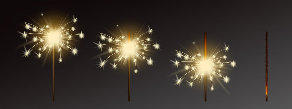 Vector festive sparklers set - process of burning with sparkles, Christmas element isolated on dark background. Realistic firework, bright glowing till smoldering. Flares with flames, fire closeup.