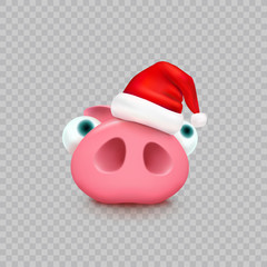 Pig with Christmas Santa Claus hat isolated on transparent background. New Year red cap and cute piglet. Vector xmas funny little piggi character.