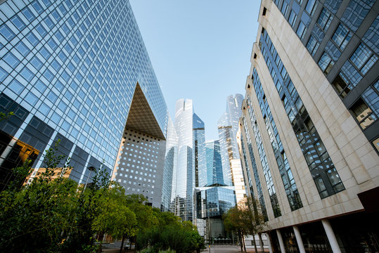 Morning view of La Defense financial district with beautiful skyscrapers in Paris