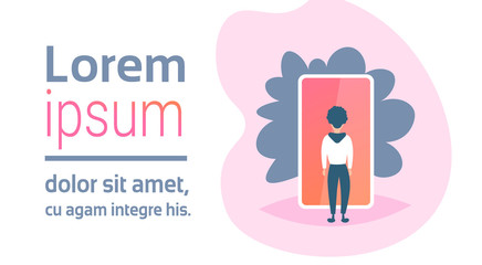 businessman looking smartphone screen mobile app development strategy concept business man brainstorming creative design interface flat horizontal copy space vector illustration