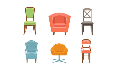 Chairs and armchairs set, retro and modern comfortable furniture vector Illustration on a white background