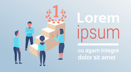 business people near podium ladder first place concept winner businessman woman successful working strategy champion flat horizontal copy space vector illustration