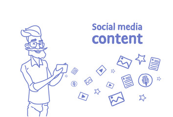 Senior man hipster using cell smart phone social media content online sketch doodle horizontal vector illustration