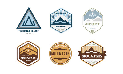 Mountain peaks logo design set, camping, mountain expedition, hiking vintage labels vector Illustration on a white background