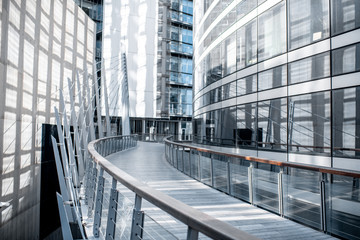 Morning view of La Defense financial district with beautiful skyscrapers and bridge in Paris