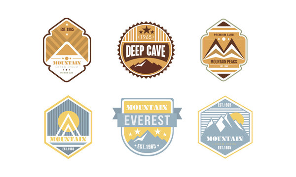 Mountain peaks logo design set, camping, hiking, expedition, deep cave retro labels vector Illustration on a white background