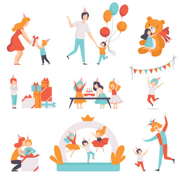 Cute little kids celebrating their birthday set, children recieving gifts and having fun with their friends at birthday party vector Illustration on a white background