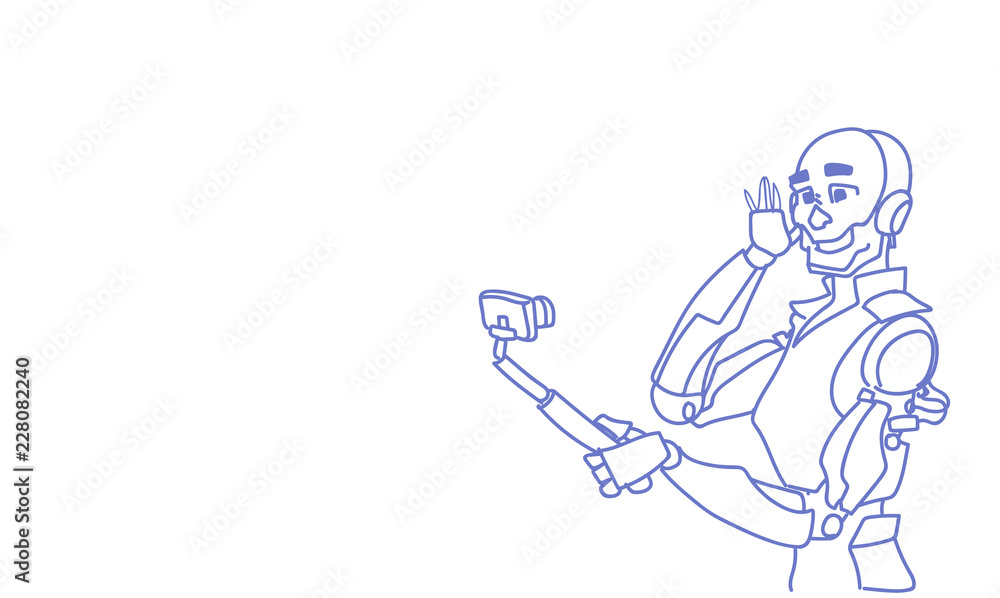 Poster modern robot taking selfie photos futuristic artificial intelligence mechanism technology sketch doo
