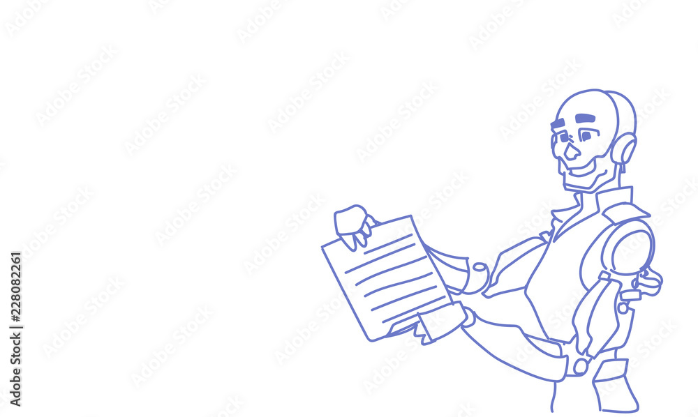 Poster modern robot hold checklist paper document helper bot artificial intelligence technology concept ass