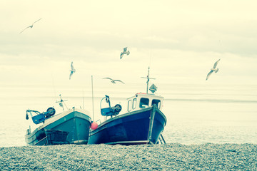 Fishing Boats on beach with seagulls