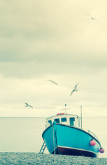 Fishing Boats on beach with seagulls