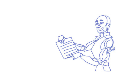 Modern robot hold checklist paper document helper bot artificial intelligence technology concept assistance portrait sketch doodle horizontal vector illustration