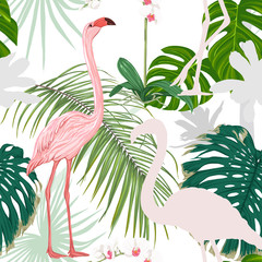 Seamless pattern, background. with tropical plants and flowers.