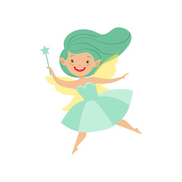 Cute beautiful little winged fairy, lovely girl with long hair and dress in turquoise colors vector Illustration on a white background