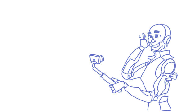 Modern robot taking selfie photos futuristic artificial intelligence mechanism technology sketch doodle horizontal vector illustration