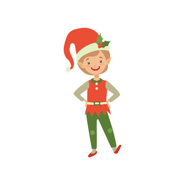 Cute smiling Christmas elf boy, little Santa Claus helper vector Illustration on a white background