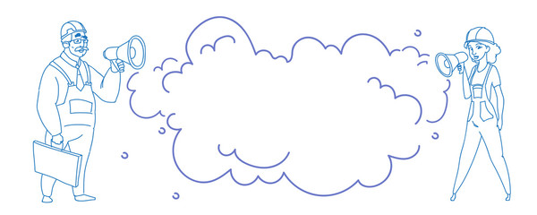 senior male female builders couple holding megaphone making announcement man woman communication concept construction worker sketch doodle horizontal vector illustration