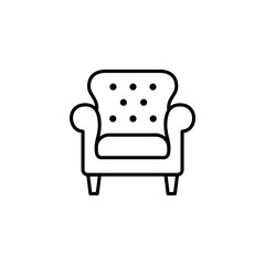 Black & white vector illustration of leather office armchair with high back. Line icon of arm chair seat. Upholstery furniture for living room & bedroom. Isolated on white background