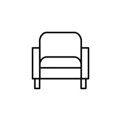 Black & white vector illustration of comfortable armchair. Line icon of arm chair seat. Upholstery furniture for living room & bedroom. Isolated on white background