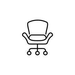 Black & white vector illustration of office chair with wheels. Line icon of armchair seat. Upholstery furniture. Isolated on white background