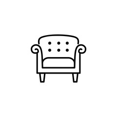 Black & white vector illustration of vintage style leather armchair. Line icon of retro arm chair seat. Upholstery furniture for living room & bedroom. Isolated on white background