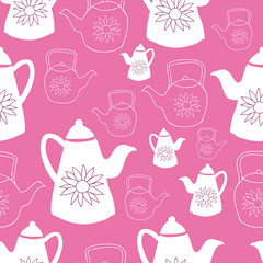 Vector Vintage White and Bright Pink Teapots Seamless Pattern Background. Perfect for fabric, wallpaper and scrapbooking projects.