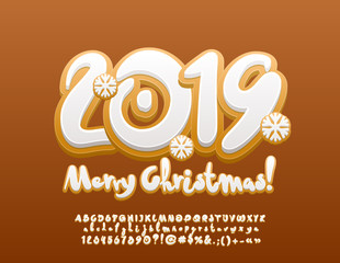 Vector Merry Christmas Greeting Card with ginger Cookies 2019. Funny Handwritten Font. Alphabet Letters, Symbols and Numbers.