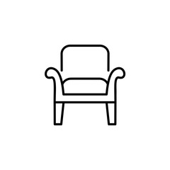 Fototapeta premium Black & white vector illustration of wooden armchair with high back. Line icon of arm chair seat. Upholstery furniture for living room & bedroom. Isolated on white background