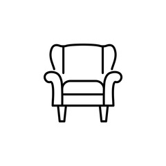 Black & white vector illustration of classic armchair with high back. Line icon of arm chair seat. Upholstery furniture for living room & bedroom. Isolated on white background