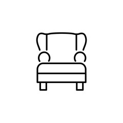 Black & white vector illustration of comfortable armchair with high back. Line icon of arm chair seat. Upholstery furniture for living room & bedroom. Isolated on white background