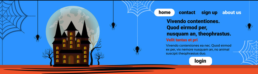 haunted house castle spider web happy halloween celebration concept full moon blue background flat horizontal banner copy space vector illustration