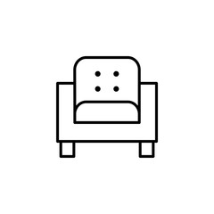 Black & white vector illustration of modern tufted armchair. Line icon of arm chair seat. Upholstery furniture for living room & bedroom. Isolated on white background