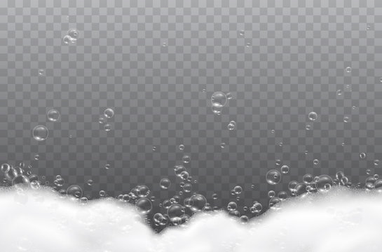 Foam effect isolated on transparent background. Soap, gel or shampoo bubbles overlay suds texture. Vector white soapy pattern.