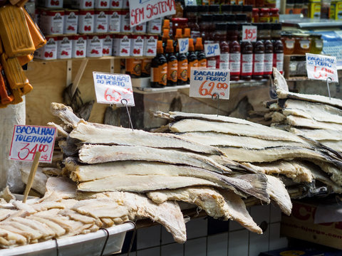 dried and salted codfish, bacalhau, for sale at central food market in sao paulo, brazil