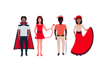 woman man wearing different costumes standing together happy halloween concept isolated male female cartoon character full length flat horizontal vector illustration