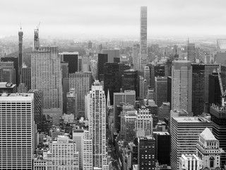 Aerial view of Manhattan skyscraper from Empire state building observation deck. Black and white