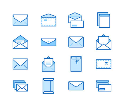 Envelopes flat line icons. Mail, message, open envelope with letter, email vector illustrations. Thin signs for web site, post office. Pixel perfect 64x64. Editable Strokes.