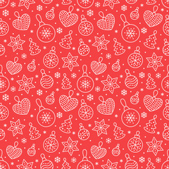 Seamless pattern with white snowflakes and toy balls on red background. Flat line pine tree decoration icons, cute repeat wallpaper. Nice element for christmas banner, wrapping. New year ornament.