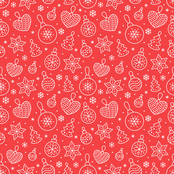 Seamless pattern with white snowflakes and toy balls on red background. Flat line pine tree decoration icons, cute repeat wallpaper. Nice element for christmas banner, wrapping. New year ornament.