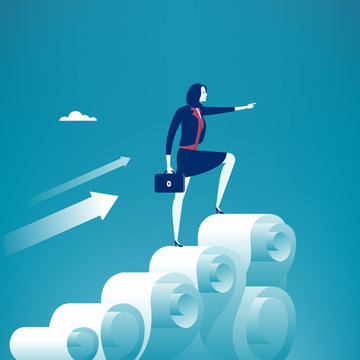 Female leader stands on the top of a paper mountain and points direction forward. Concept business illustration.