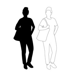 vector, on white background, silhouette, contour girl standing with bag