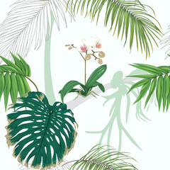 Seamless pattern, background. with tropical plants and flowers.