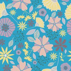 Vector Blue Happy Flowers Background Pattern Design. Perfect for fabric, wallpaper, stationery and scrapbooking projects