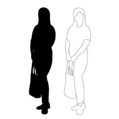 vector, on white background, silhouette, contour girl standing with bag