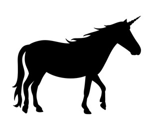 vector, on white background, black silhouette of a standing unicorn