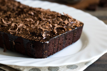 Chocolate pound cake with chocolate icing and chocolate chips